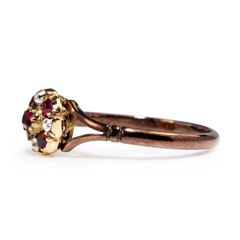 9ct Rose Gold Antique Ruby and Old Cut Diamond Cluster Ring