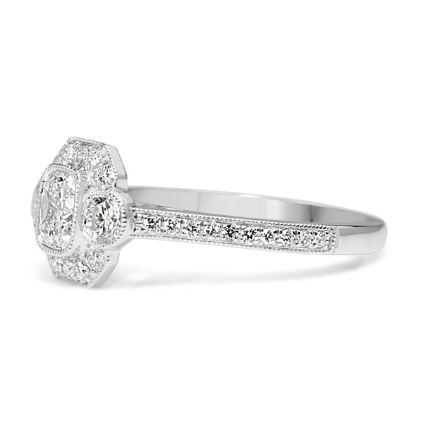 18ct White Gold Art Deco Style 3 Stone Cushion Diamond Halo Ring