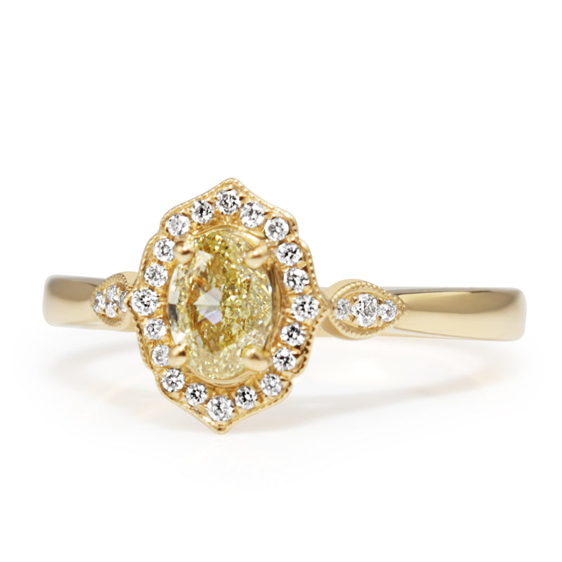 18ct Yellow Gold Vintage Style Yellow Diamond Halo Ring