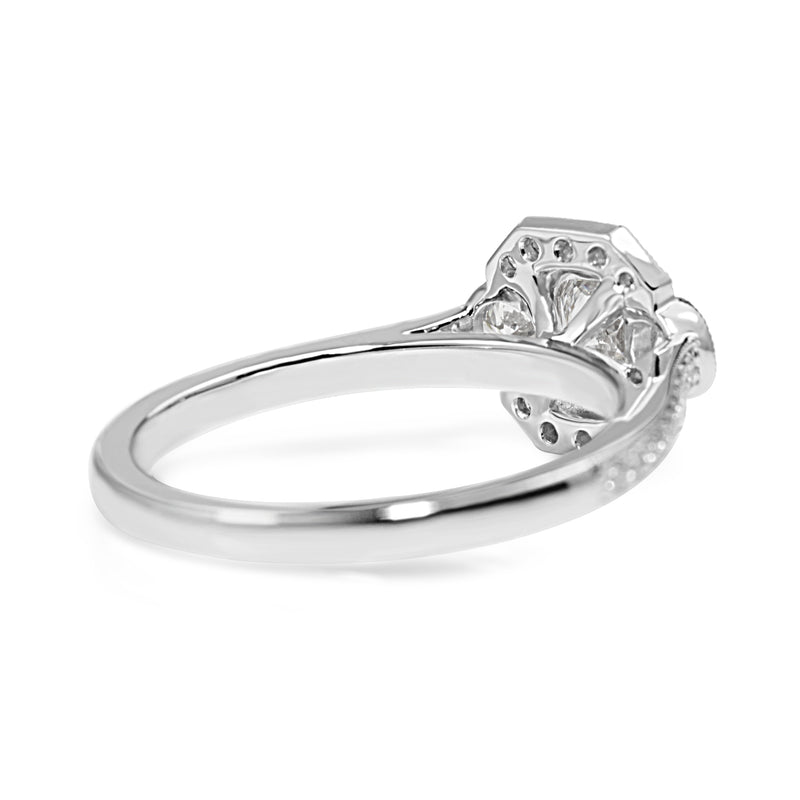 18ct White Gold Art Deco Style 3 Stone Cushion Diamond Halo Ring