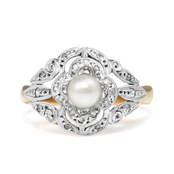 18ct Yellow and White Gold Art Deco Diamond and Pearl Ring