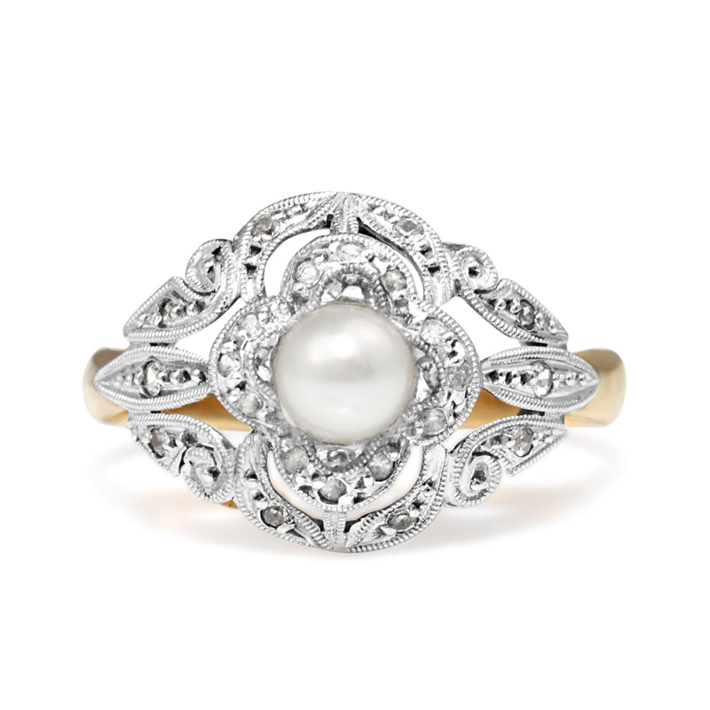 18ct Yellow and White Gold Art Deco Diamond and Pearl Ring