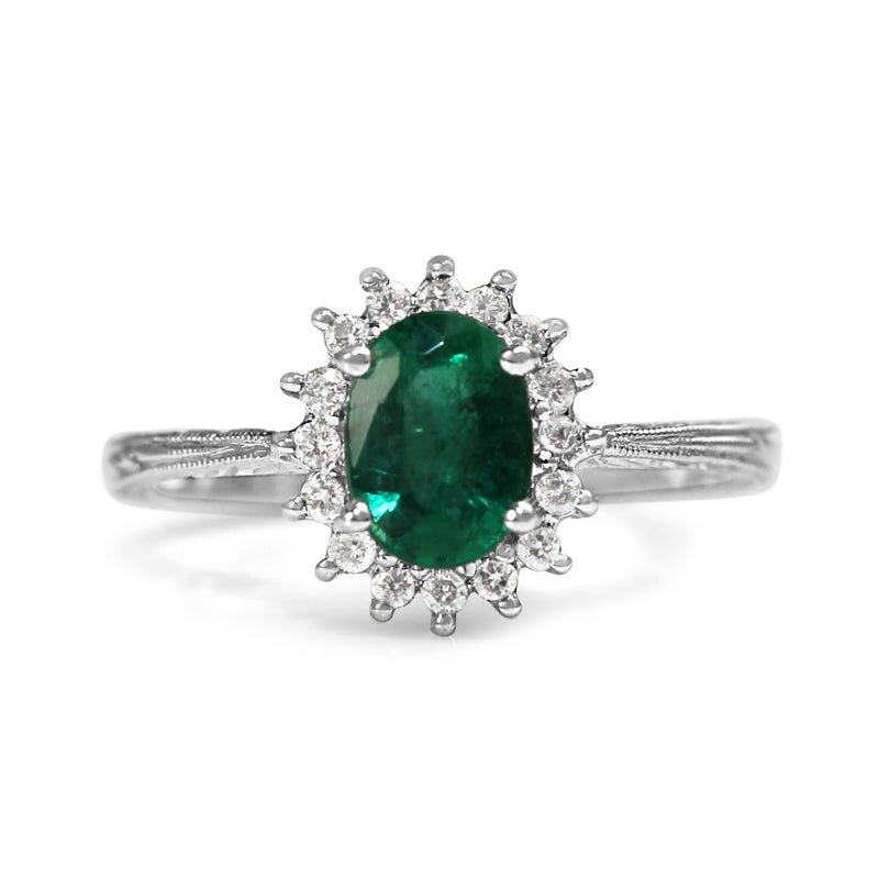 Platinum Emerald and Diamond Halo Ring