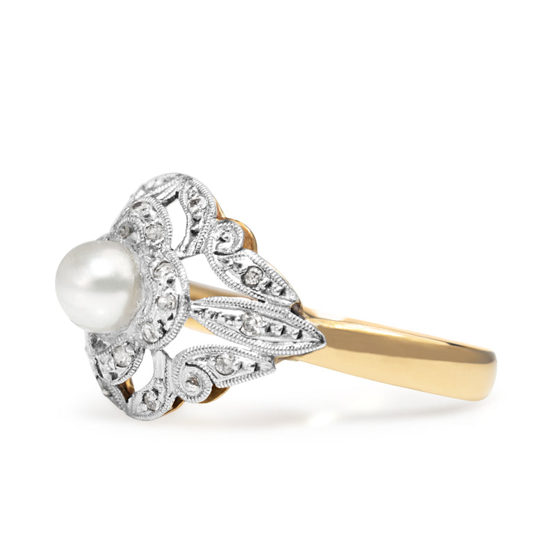 18ct Yellow and White Gold Art Deco Diamond and Pearl Ring