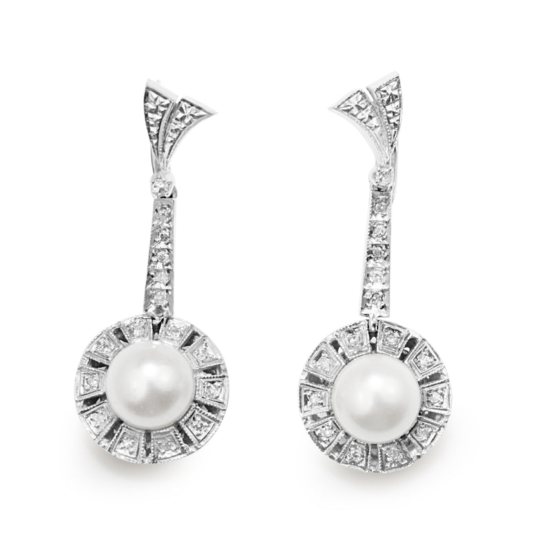 Palladium Art Deco Pearl and Single Cut Diamond Drop Earrings