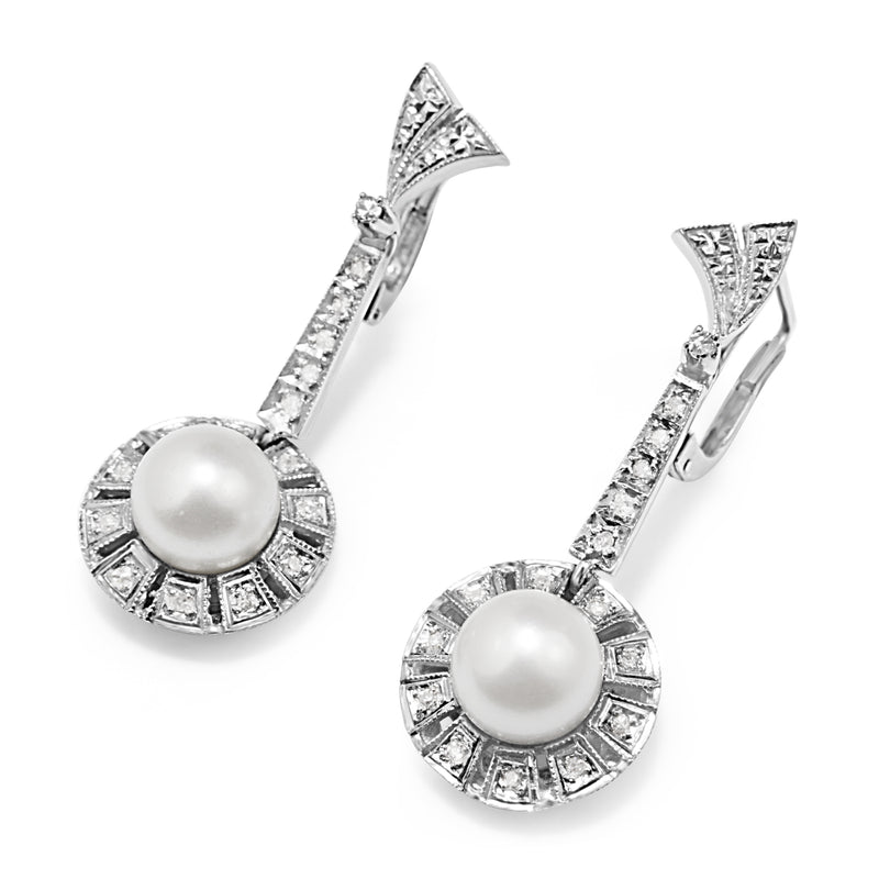 Palladium Art Deco Pearl and Single Cut Diamond Drop Earrings