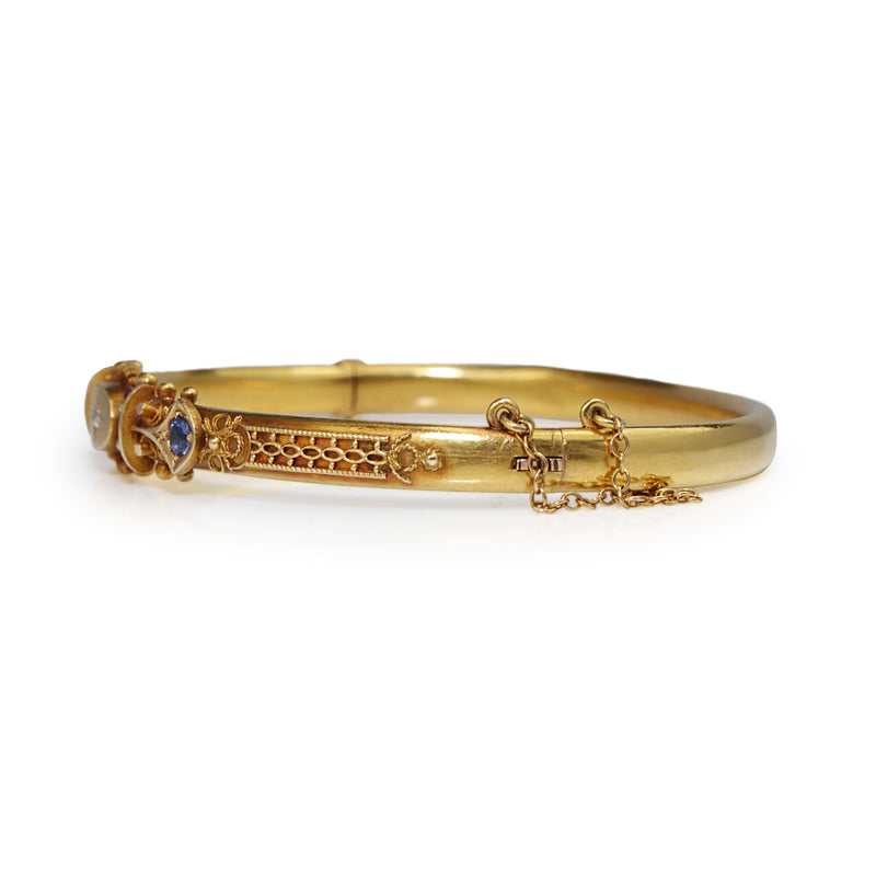 18ct Yellow Gold Antique Hinged Sapphire and Diamond Bangle