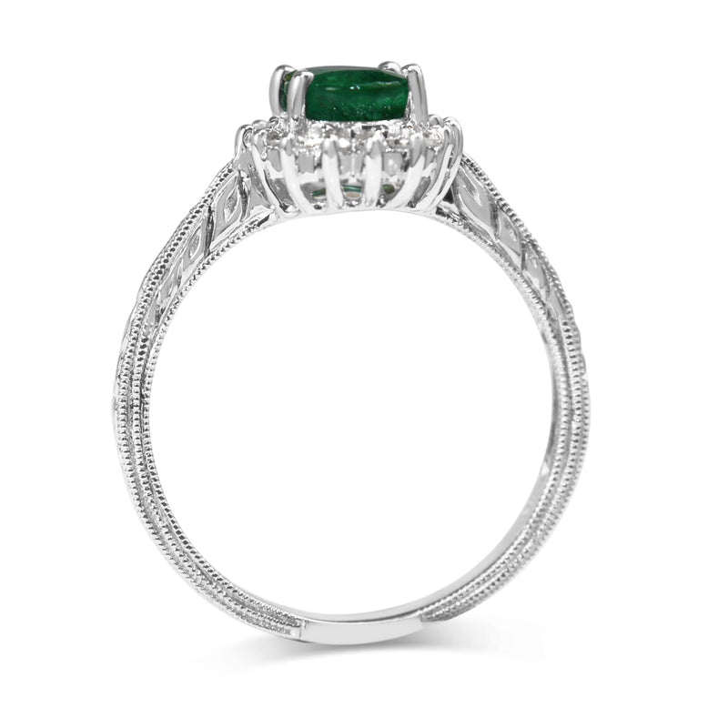 Platinum Emerald and Diamond Halo Ring