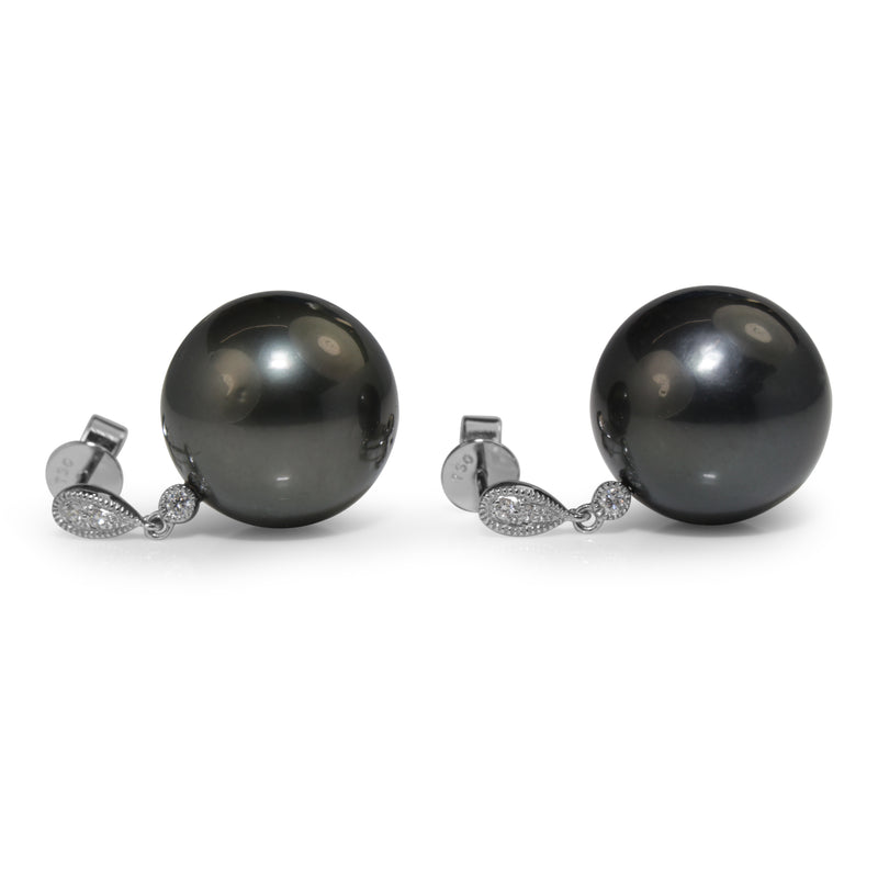 18ct White Gold 15mm Tahitian Pearl and Diamond Earrings