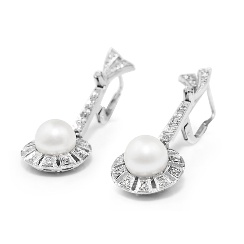 Palladium Art Deco Pearl and Single Cut Diamond Drop Earrings