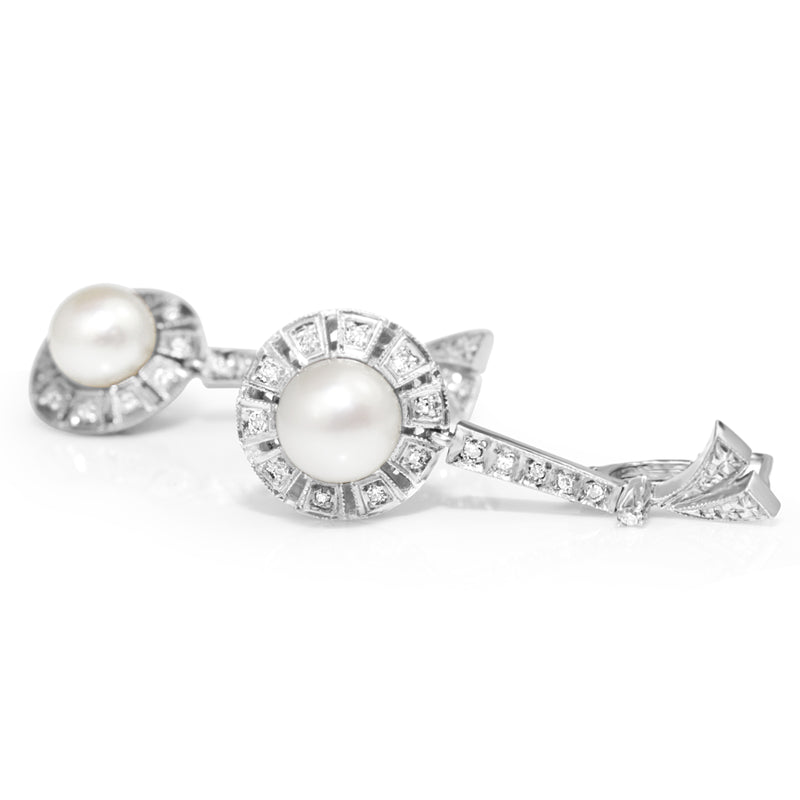 Palladium Art Deco Pearl and Single Cut Diamond Drop Earrings