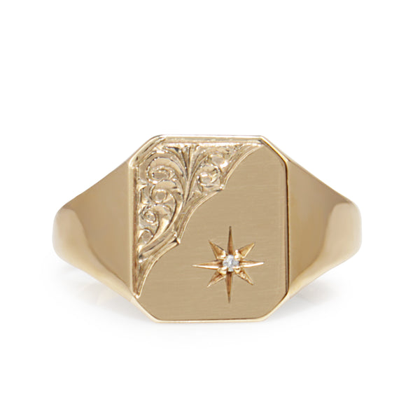 9ct Yellow Gold Vintage Signet Ring with Diamond