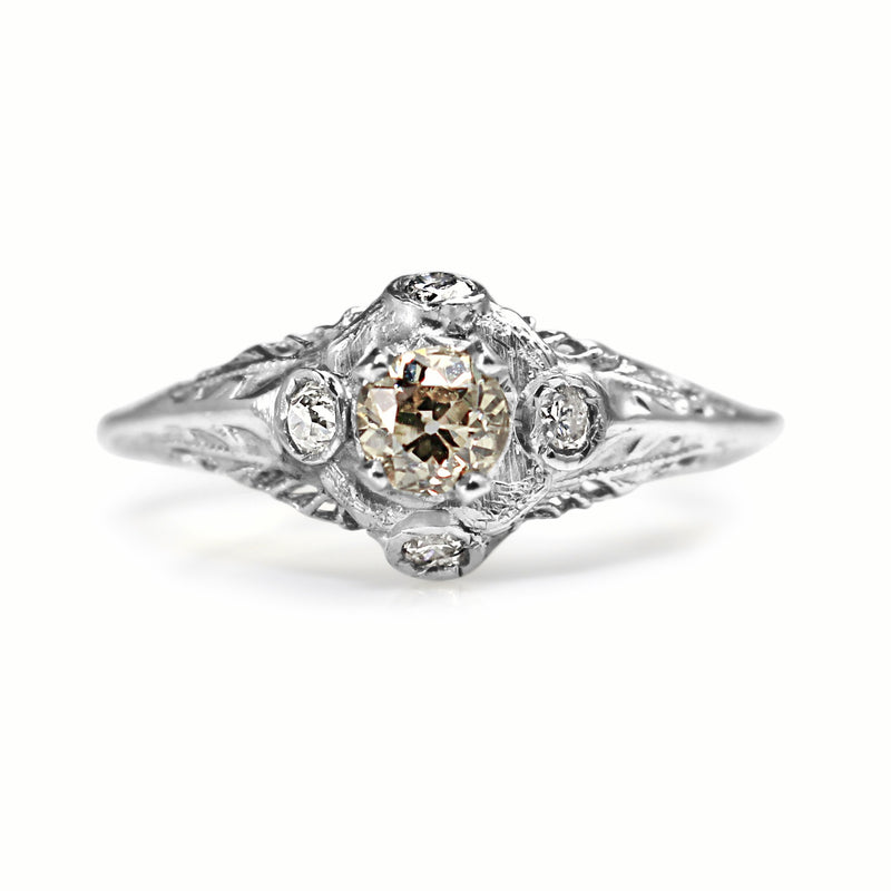 14ct White Gold Antique Old Cut Champagne Diamond Ring BURLINGTON