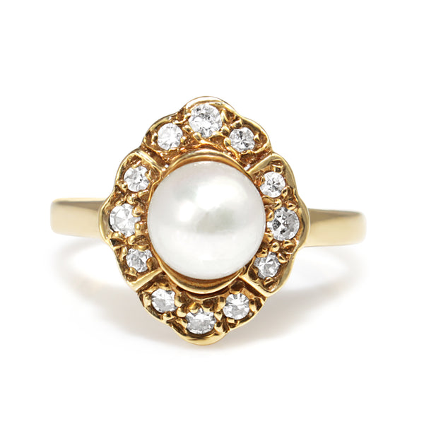 14ct Yellow Gold Vintage Cultured Pearl and Diamond Halo Ring