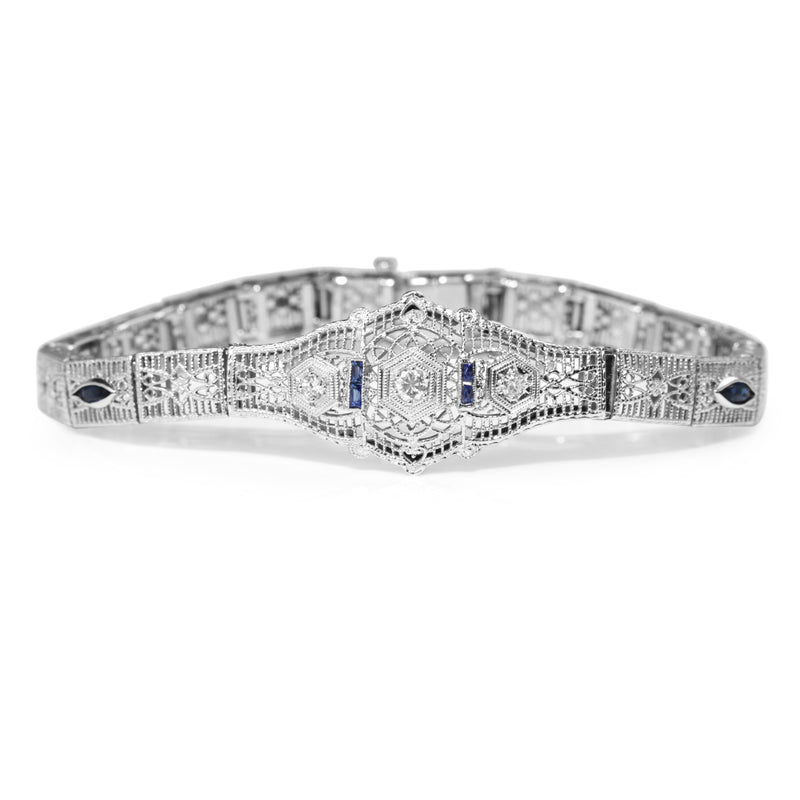 10ct White Gold Art Deco Sapphire and Diamond Filigree Bracelet