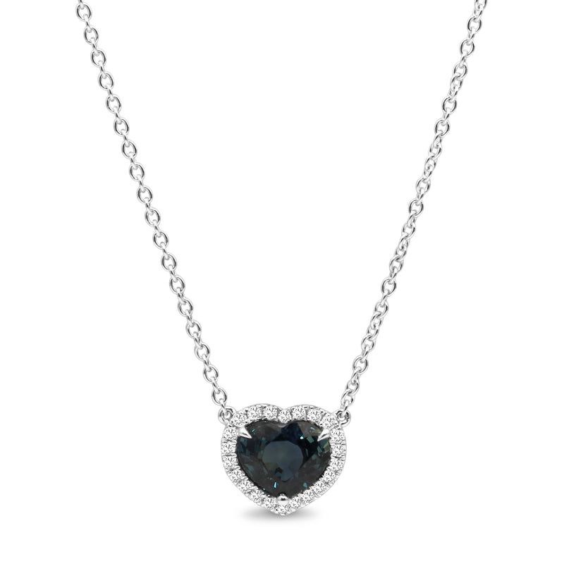 18ct White Gold Sapphire Heart and Diamond Halo Necklace