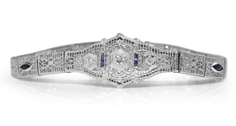 10ct White Gold Art Deco Sapphire and Diamond Filigree Bracelet