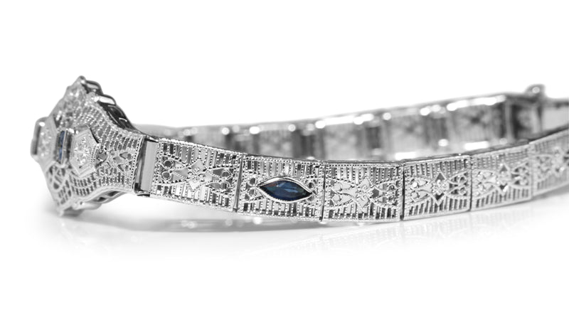 10ct White Gold Art Deco Sapphire and Diamond Filigree Bracelet