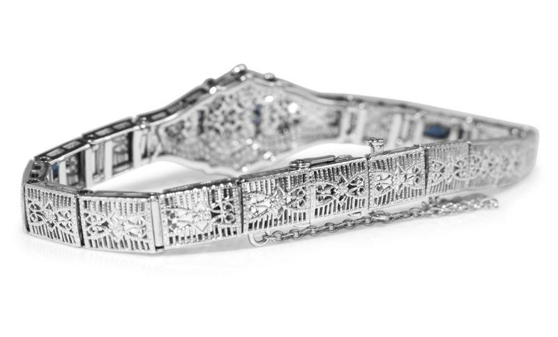 10ct White Gold Art Deco Sapphire and Diamond Filigree Bracelet