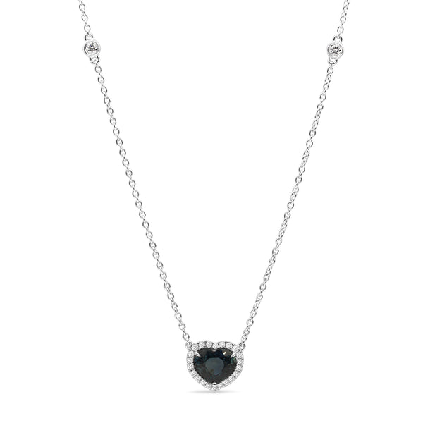 18ct White Gold Sapphire Heart and Diamond Halo Necklace