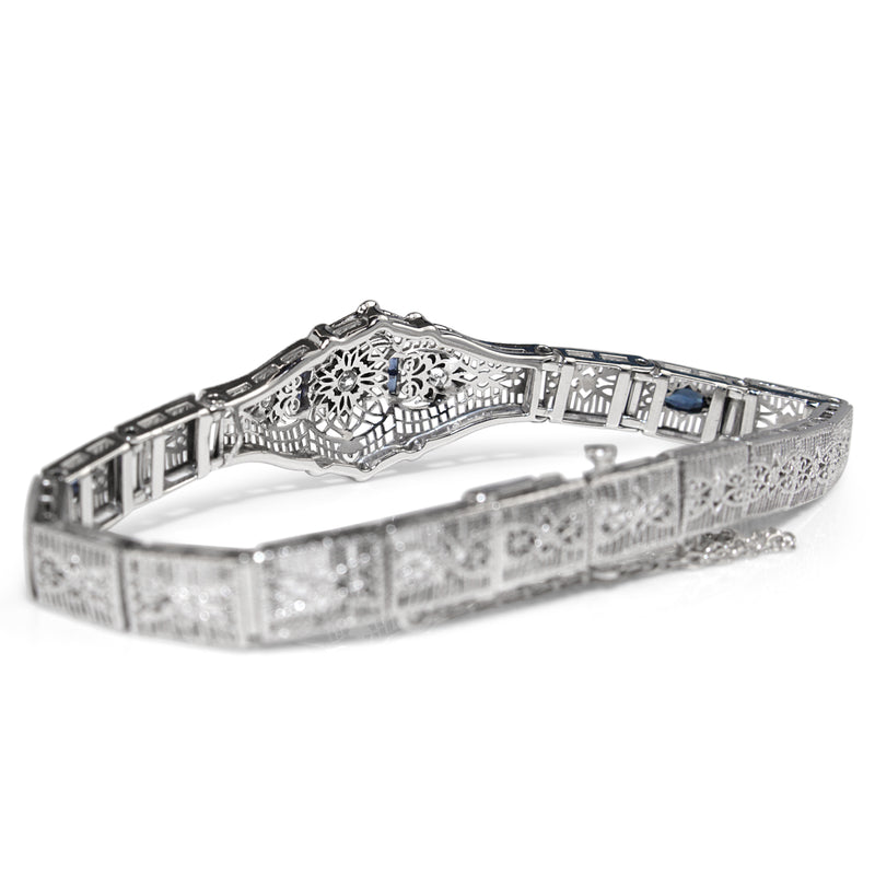 10ct White Gold Art Deco Sapphire and Diamond Filigree Bracelet