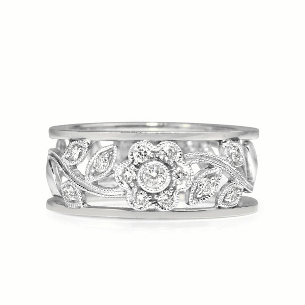 9ct White Gold Floral Diamond Band Ring