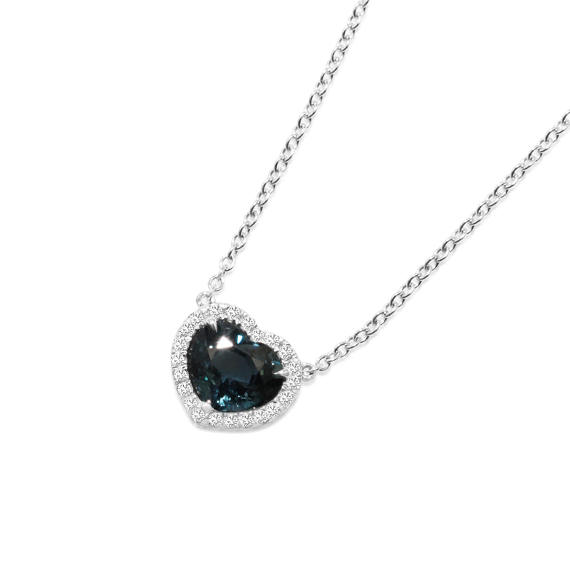 18ct White Gold Sapphire Heart and Diamond Halo Necklace