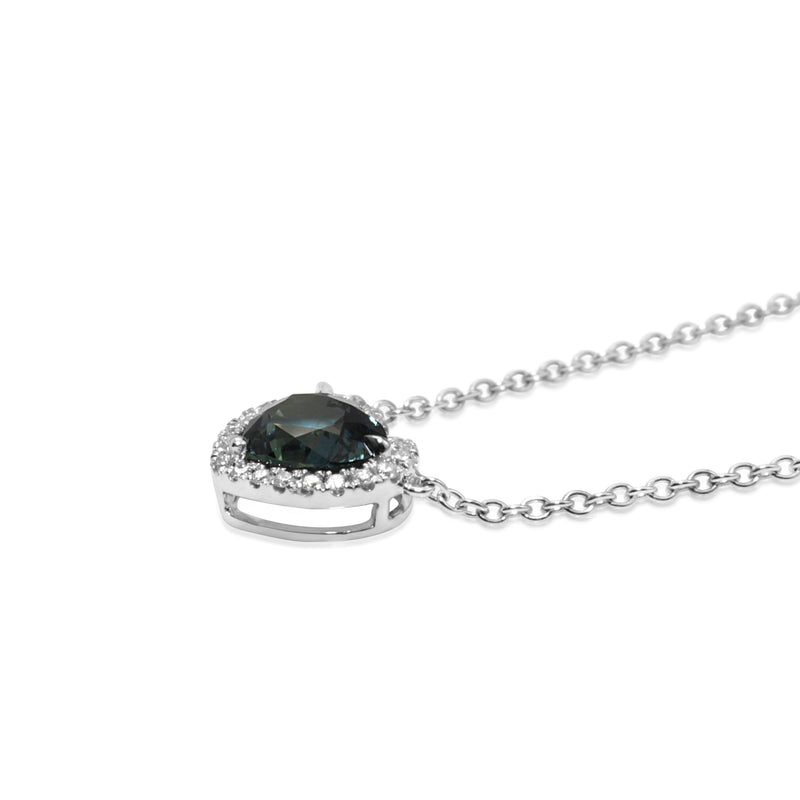 18ct White Gold Sapphire Heart and Diamond Halo Necklace