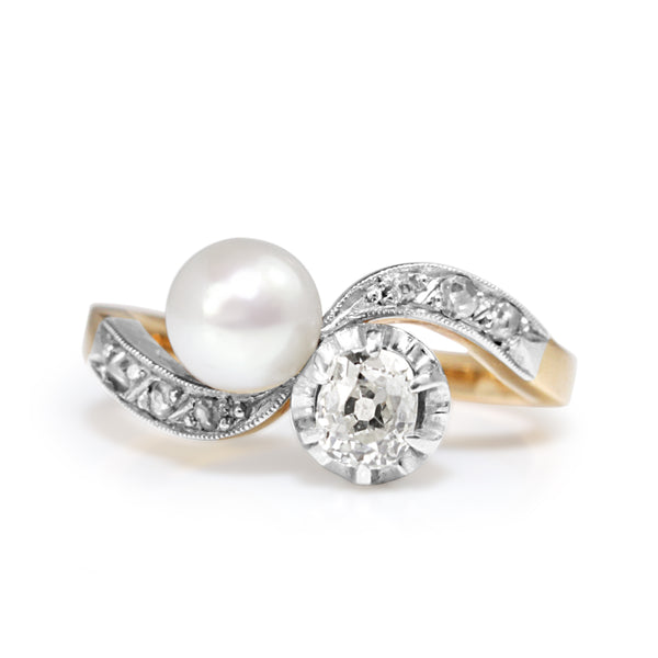 18ct Yellow and White Gold Antique Pearl and Old Cut Diamond 'Moi et Toi' Ring