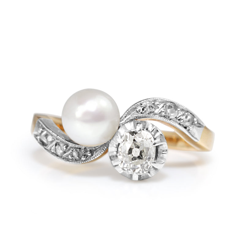 18ct Yellow and White Gold Antique Pearl and Old Cut Diamond 'Moi et Toi' Ring