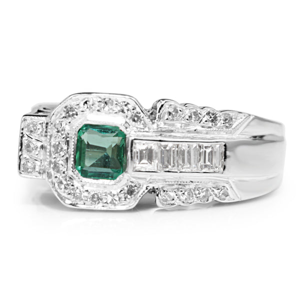 Palladium Retro Emerald and Diamond Ring