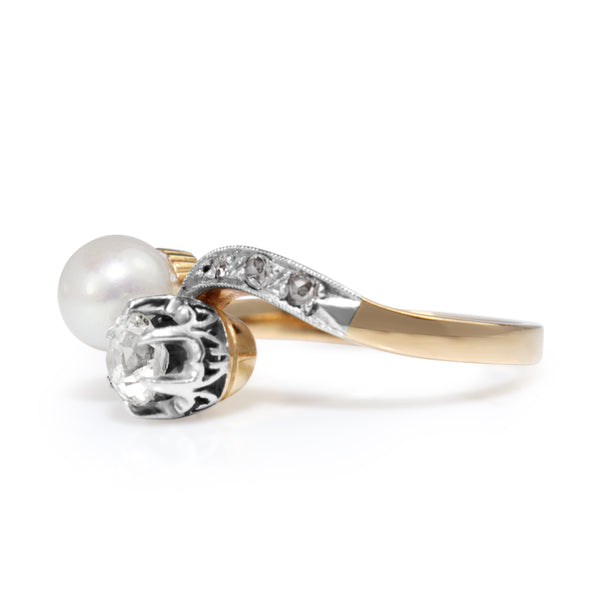 18ct Yellow and White Gold Antique Pearl and Old Cut Diamond 'Moi et Toi' Ring