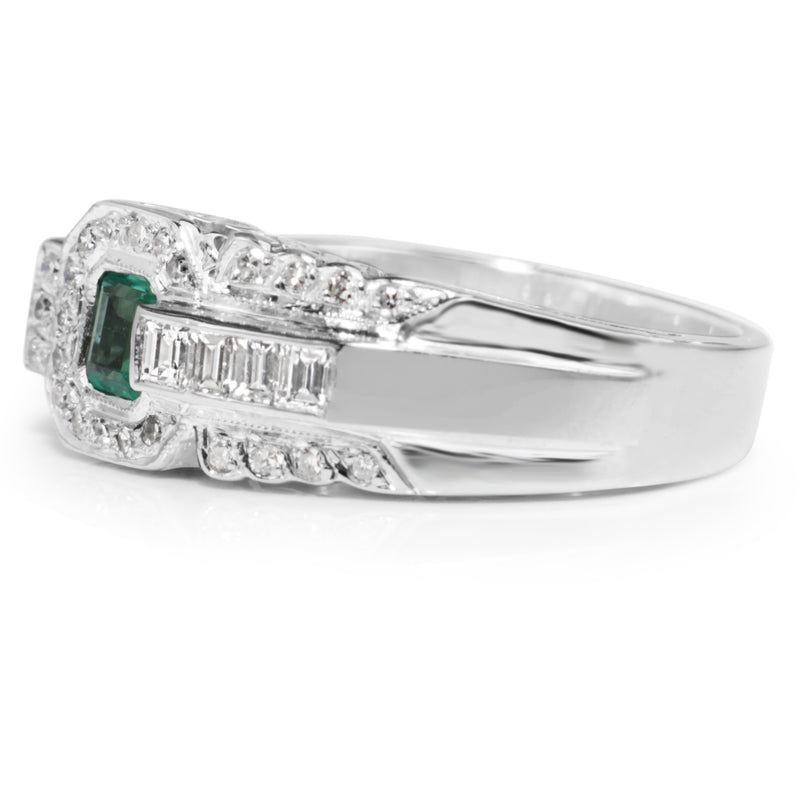 Palladium Retro Emerald and Diamond Ring