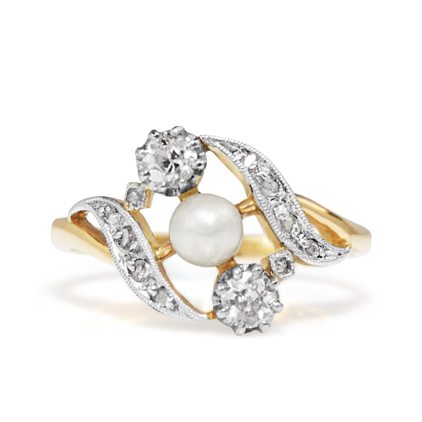 18ct Yellow Gold and Platinum Antique Pearl and Old Cut Diamond Ring