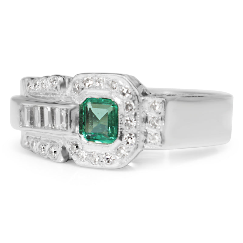 Palladium Retro Emerald and Diamond Ring