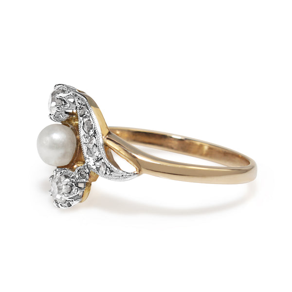 18ct Yellow Gold and Platinum Antique Pearl and Old Cut Diamond Ring