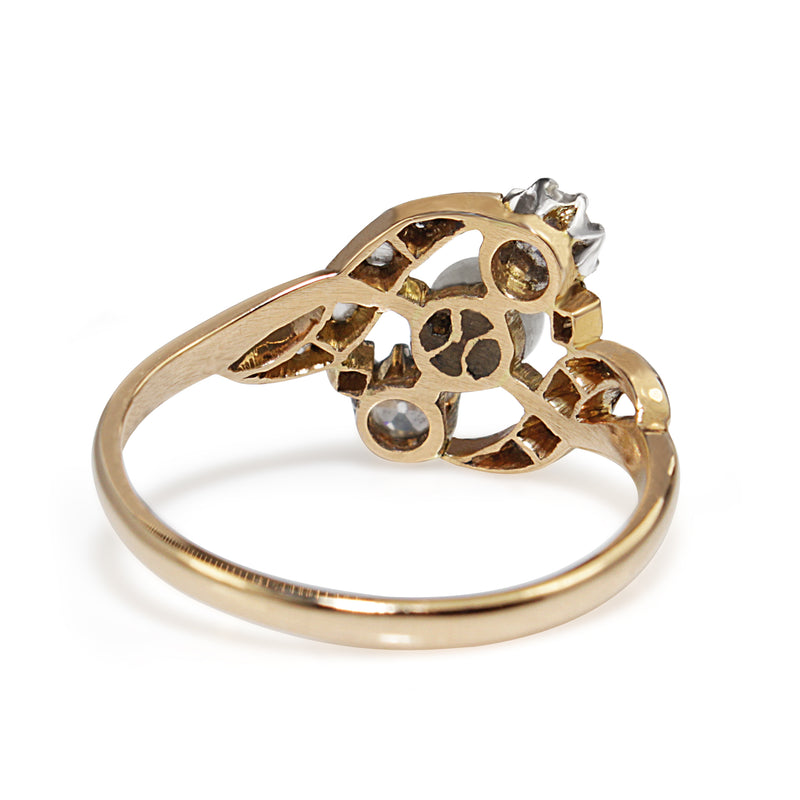 18ct Yellow Gold and Platinum Antique Pearl and Old Cut Diamond Ring