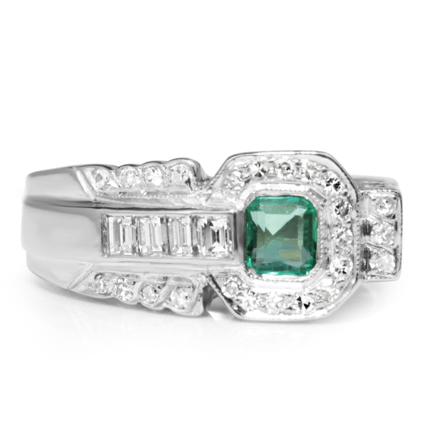 Palladium Retro Emerald and Diamond Ring