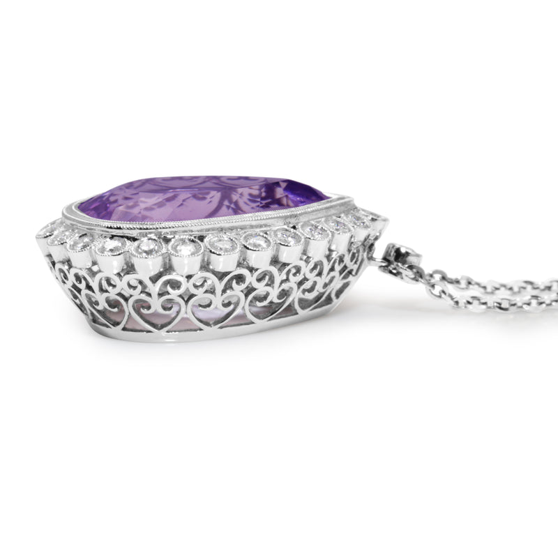 18ct White Gold Amethyst and Diamond Drop Necklace