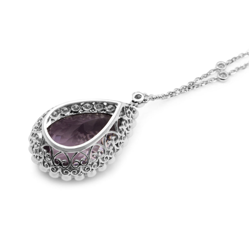 18ct White Gold Amethyst and Diamond Drop Necklace