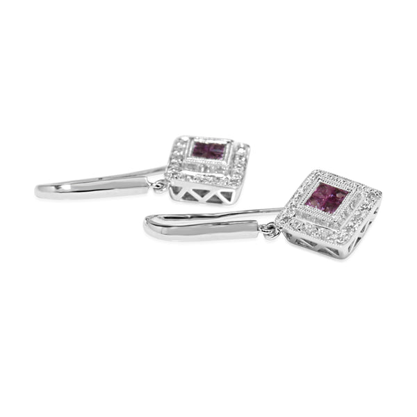 9ct White Gold Pink Sapphire and Diamond Drop Earrings