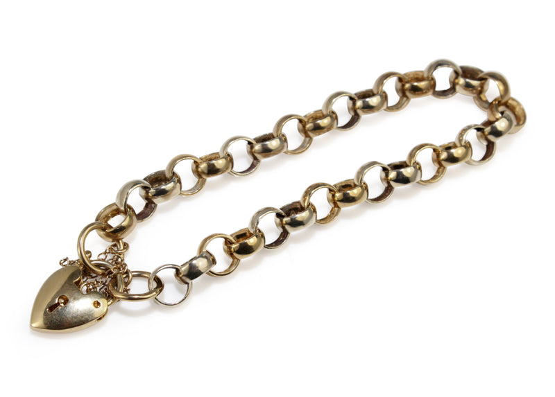 9ct Yellow and White Gold Belcher Link Bracelet with Heart Padlock