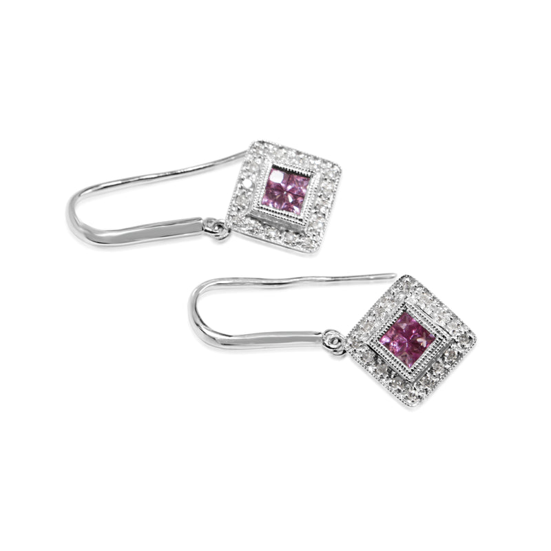 9ct White Gold Pink Sapphire and Diamond Drop Earrings