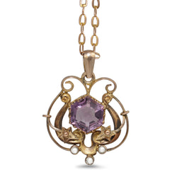 9ct Gold Antique Amethyst and Pearl Necklace