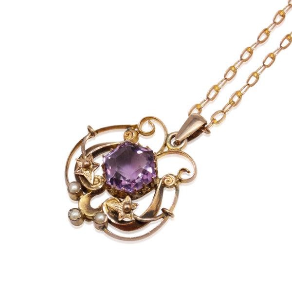 9ct Gold Antique Amethyst and Pearl Necklace