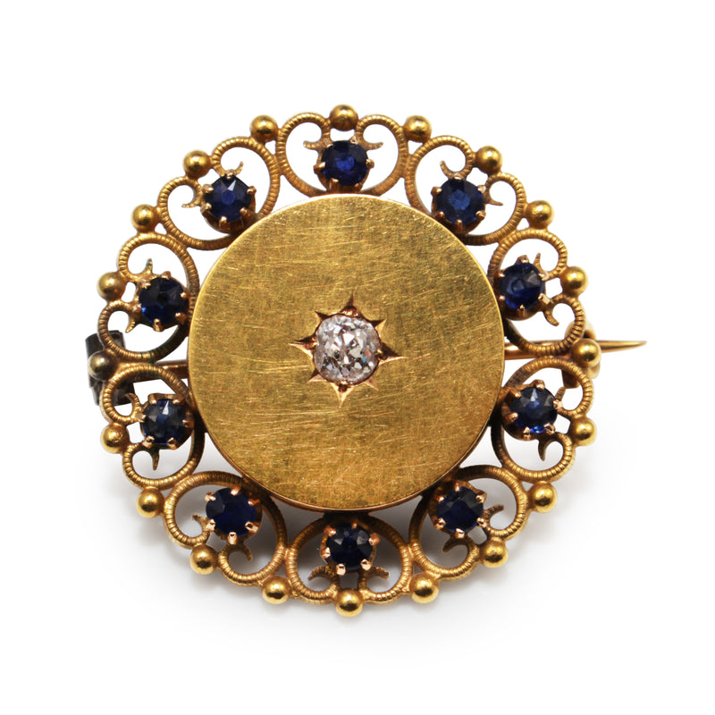 15ct Yellow Gold Antique Sapphire and Old Cut Diamond Brooch