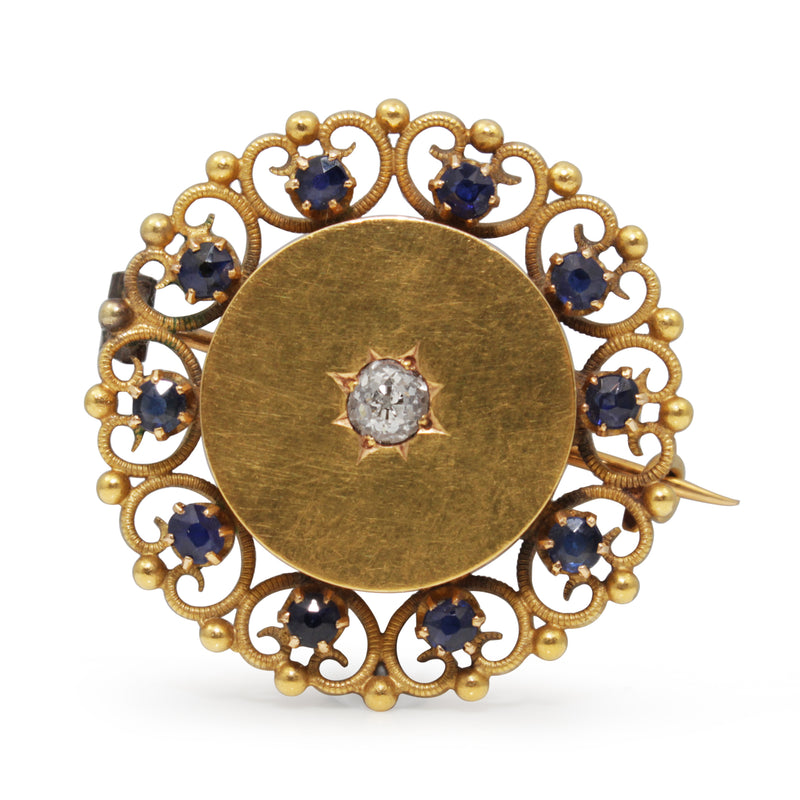 15ct Yellow Gold Antique Sapphire and Old Cut Diamond Brooch