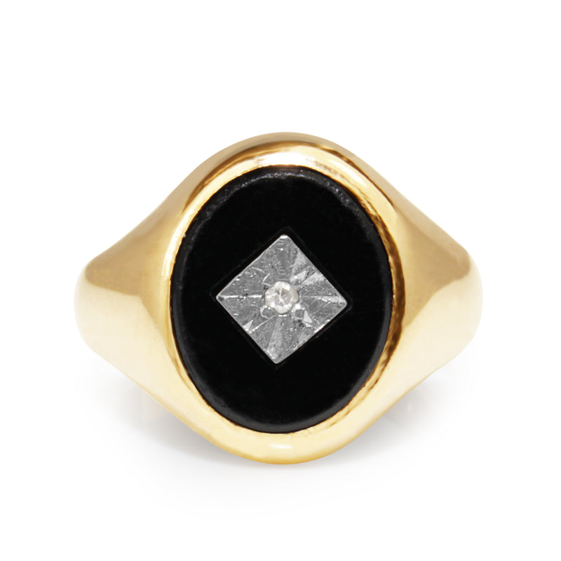9ct Yellow Gold Vintage Onyx and Diamond Signet Ring