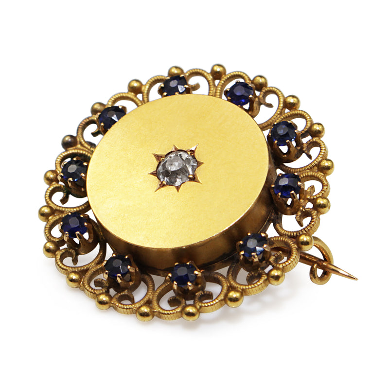 15ct Yellow Gold Antique Sapphire and Old Cut Diamond Brooch