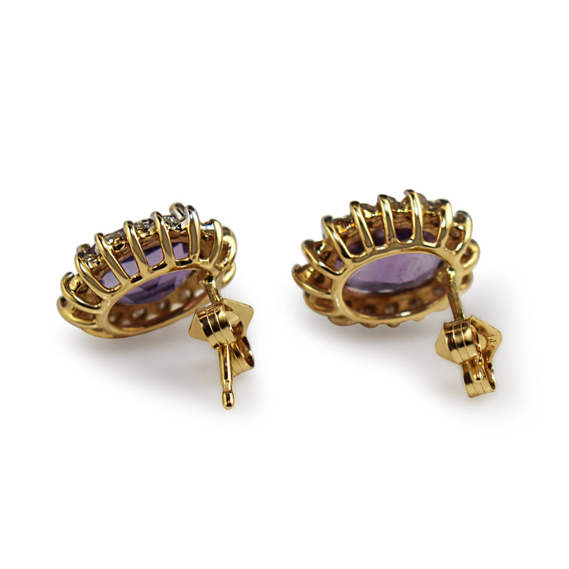 14ct Yellow and White Gold Amethyst and Diamond Cluster Earrings